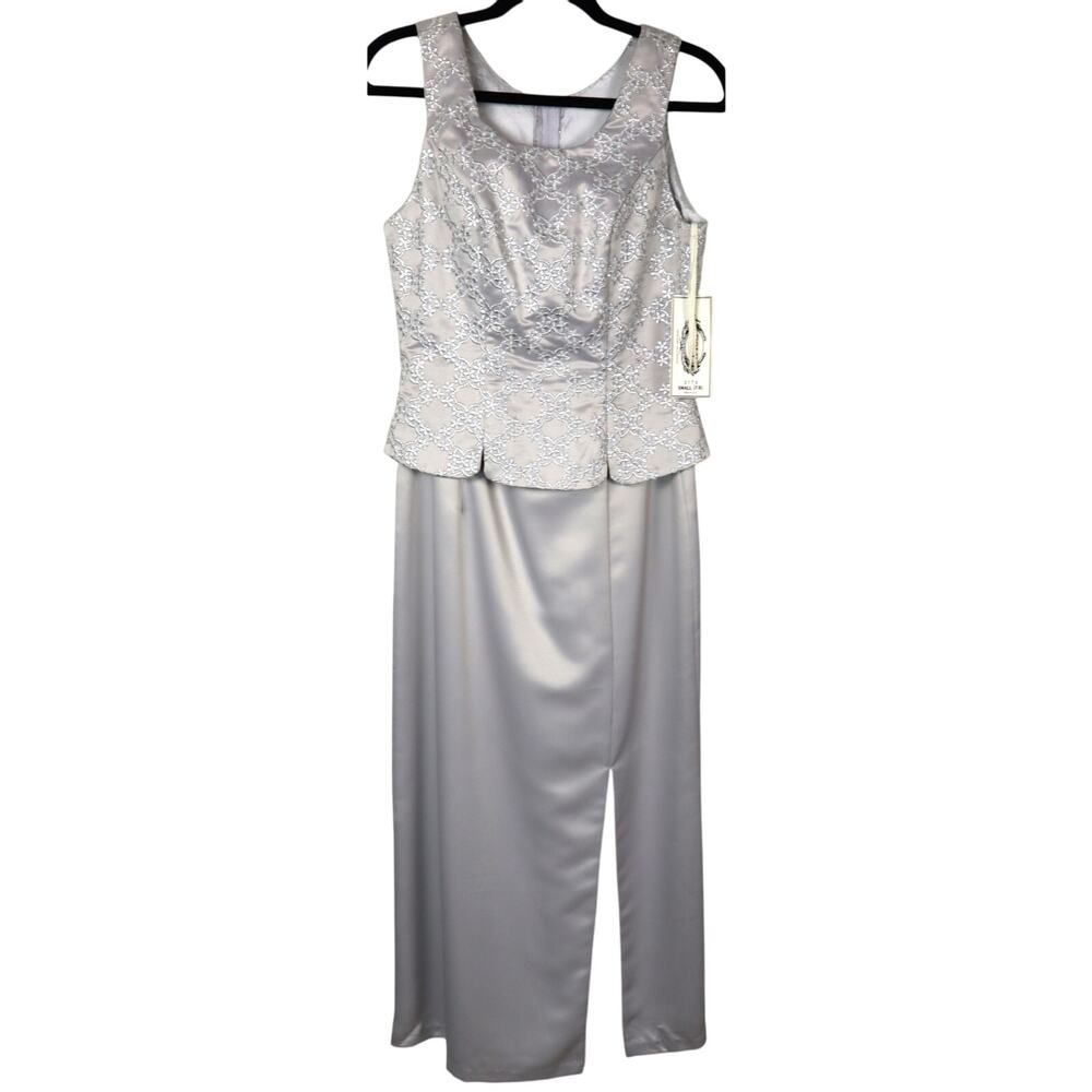 Vintage 90s POLY Silver Dress Floral Embroidery Sparkle Shimmer Satin Formal 8